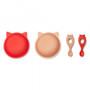Liewood Evan Silicone Eetset (2-pack) Cat Apple Red/Tuscany Rose Mix 